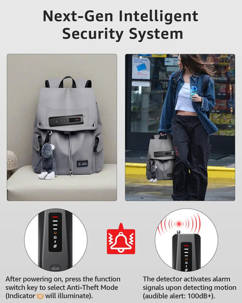 Hidden Camera Detector Pro with Advanced Anti Spy Tech shown in backpack and handheld use for home office travel security.