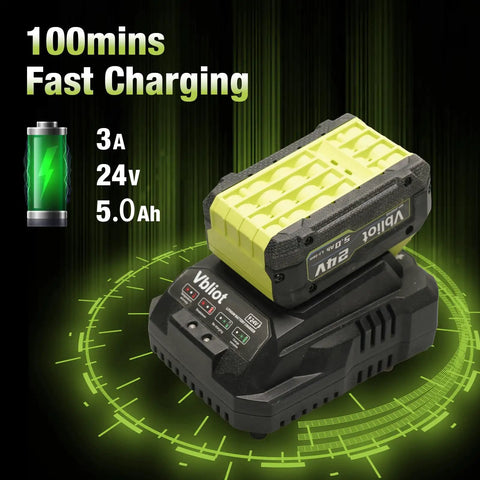 Heavy Duty Brushless Cordless Die Grinder 6mm Collet 24V 5Ah Battery charger with fast charging function and LED indicators.
