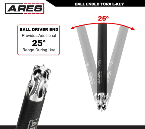 Close-up of ball end design on Extra Long Ball End Torx L Key Set 9 Piece With Sizes T10 Through T50 showing 25-degree range