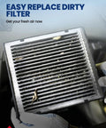 Used cabin air filter being replaced, showcasing Top Notch Cabin Air Filter With Activated Carbon CF9785 Replacement For Mercedes Benz.