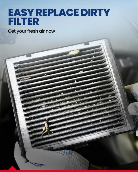 Used cabin air filter being replaced, showcasing Top Notch Cabin Air Filter With Activated Carbon CF9785 Replacement For Mercedes Benz.