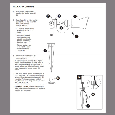 Package contents instructions for Showscape Collection LED MR16 Landscape Accent Lights Wall Wash Spotlight, 4 Pack setup guide