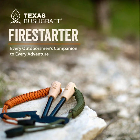 Bushcraft Fire Starter Survival Kit with Ferro Rod Flint Fire Steel Striker Tool on rocky surface.