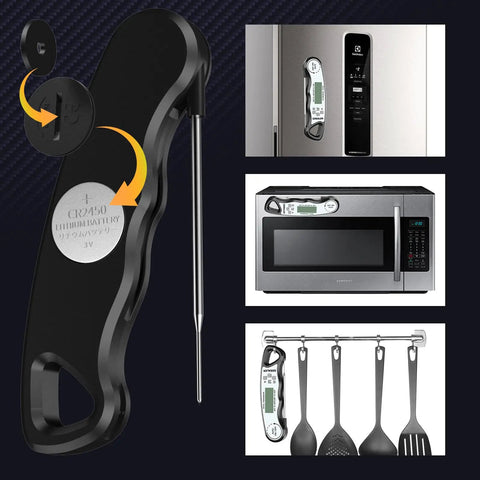 Back view of Ultra Fast Digital Meat Thermometer With Instant Read In 3 To 4 Seconds Waterproof IP67 Backlit Display.