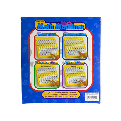 Cool Subtraction Learning Tray For Kiddos English Math Practice Board showing subtraction machine on colorful background.