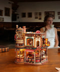 Moving Dream Coffee Factory Kit That Actually Runs A Tiny Miniature Coffee Plant Scene With Music Box And LED Lights No Glue Kinetic 3D Wood Puzzle For Adults A Totally Fun Modern Home Decor Gift For Women And Men on wooden table