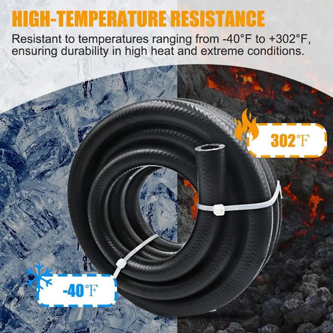 Image showing Beefy Half Inch Fuel Line High Pressure Hose 300 PSI Nylon Reinforced 10 Ft, 13mm ID 19mm OD with temperature range -40°F to 302°F.