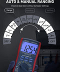 Digital Multimeter And Analyzer With TRMS 6000 Counts Auto Ranging Pro Grade in use, showing backlit display and controls.