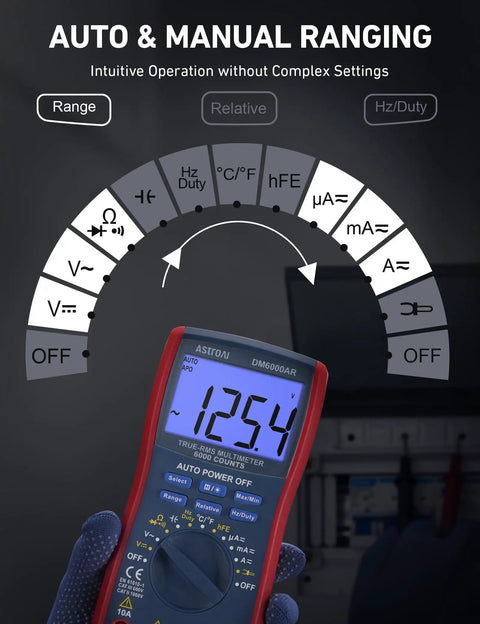 Digital Multimeter And Analyzer With TRMS 6000 Counts Auto Ranging Pro Grade in use, showing backlit display and controls.