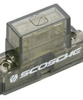 Inline Fuse Holder For 4 Or 8 Gauge Power Wire With 40 Amp And 80 Amp Maxi Fuses Included Beefy Protective Cover Corrosion Resistant Platinum Finish High Current Wiring Accessory With Lifetime Tech Support, front view.