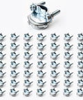 1/2 Inch Clamp Style Cable Connectors, Rock Solid Zinc Alloy Wire Clamps For Metal Conduit And Electrical Boxes, No Sweat Install Heavy Duty Fittings 50 Pack displayed in grid, showcasing durable zinc connectors.