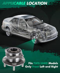 Pair Of Front Wheel Hub And Bearing Assemblies Replacement For Hyundai Sonata 2015-2019, Tucson 2016-2019, Cadenza 2017-2019, Optima 2016-2019, Sportage 2017-2019, 5 Lug Drop In Fit Budget Friendly Durable OE Style Bearings displayed with car diagram.