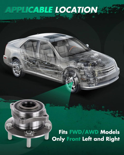 Pair Of Front Wheel Hub And Bearing Assemblies Replacement For Hyundai Sonata 2015-2019, Tucson 2016-2019, Cadenza 2017-2019, Optima 2016-2019, Sportage 2017-2019, 5 Lug Drop In Fit Budget Friendly Durable OE Style Bearings displayed with car diagram.