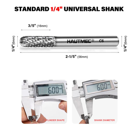 Front view of YG6 Tungsten Carbide Rotary Burr Bit With One Quarter Inch Shank measurements showing size and cylindrical shape.