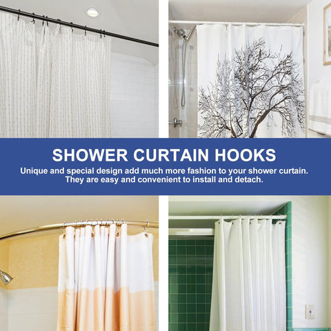 Gold Metal Shower Curtain Hooks Set 15 Pack With Five Bead Glide Rollers for smooth hanging featuring various curtain designs