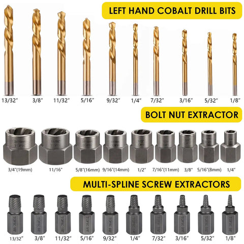No Sweat 29 Piece Bolt Extractor Kit With Left Hand Drill Bits And Nut Removers for stripped damaged rounded off rusted bolts