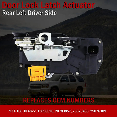 Rear Left Driver Side Door Lock Latch Actuator Replacement 931 108 Fits Cadillac Escalade Avalanche Silverado Suburban 2007 2014 Models For Quick No Fuss Secure Entry, black plastic and metal latch