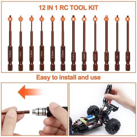 12-In-1 RC Screwdriver Set Dope Tool Kit With S2 Steel Bits, ergonomic handle, and usage with RC car visible.