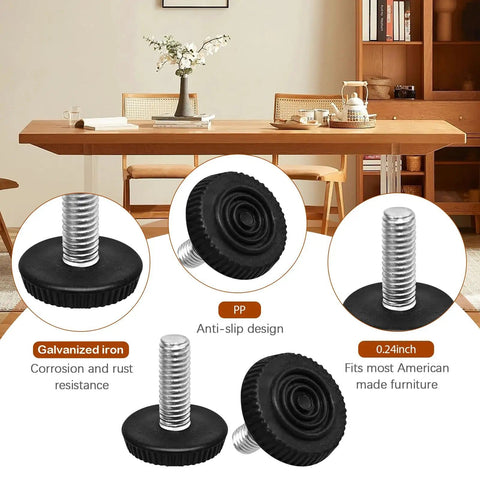 Adjustable Screw In Anti Slip Furniture Leveling Feet For Tables Chairs And Cabinets M6 Thread 16mm Screw 25mm Tall Black PP Base Zinc Plated Steel Rust Resistant Non Slip Levelers 16 Pack