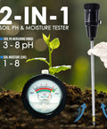 All-In-One Soil pH And Moisture Meter for garden, showing easy readouts and probe near plant for accurate measurement.