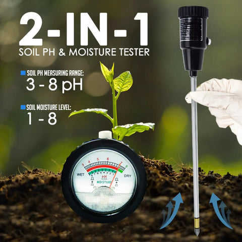 All-In-One Soil pH And Moisture Meter for garden, showing easy readouts and probe near plant for accurate measurement.