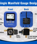 Digital HVAC Manifold Gauge Tool For R454B R134A R410A R1234yf All In One Refrigerant Filling Vacuum Test And Leak Detection Pro Grade Easy Readouts Handy Gauge For Techs And DIY Home AC Repairs front and back view with LCD display and 1/4 inch inlets