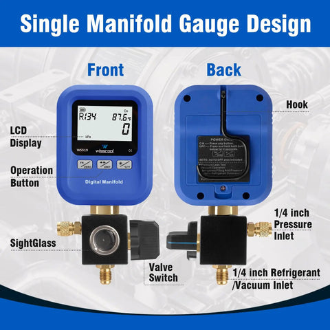 Digital HVAC Manifold Gauge Tool For R454B R134A R410A R1234yf All In One Refrigerant Filling Vacuum Test And Leak Detection Pro Grade Easy Readouts Handy Gauge For Techs And DIY Home AC Repairs front and back view with LCD display and 1/4 inch inlets