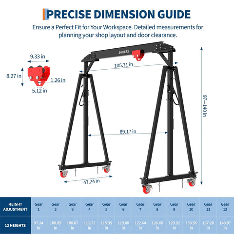 Built Like A Tank Adjustable Gantry Crane 2 Ton 4400 Lbs Capacity dimension guide for height adjustment and setup.