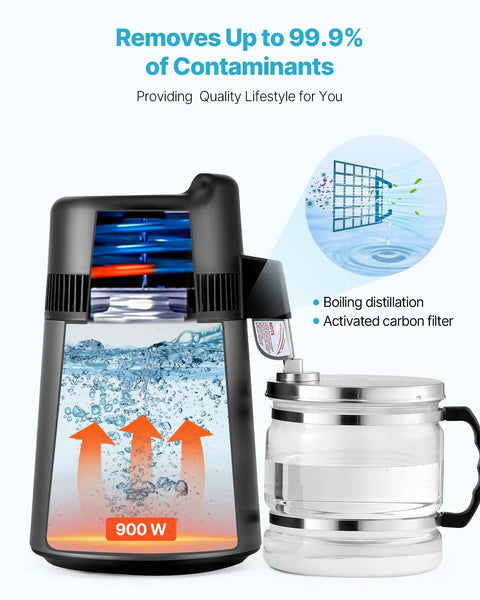 Smooth Sippin Water Distiller With Built Tough Stainless Core And Crystal Clear Glass Pot delivers pure water with 900W output.