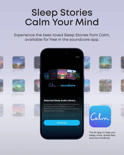 Smartphone displaying Calm app sleep stories with a focus on reducing stress and improving sleep quality.