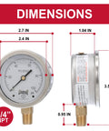 Industrial liquid filled pressure gauge dimensions with 2.5-inch dial, brass internals, 304 stainless steel case, shown in diagram