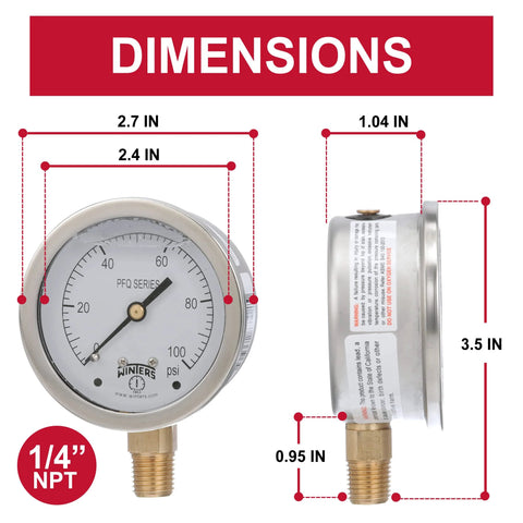 Industrial liquid filled pressure gauge dimensions with 2.5-inch dial, brass internals, 304 stainless steel case, shown in diagram