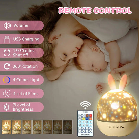 Kids Night Light Rotating Starry Night Projector With Remote Control 6 Projection Films USB Rechargeable beside mother and baby