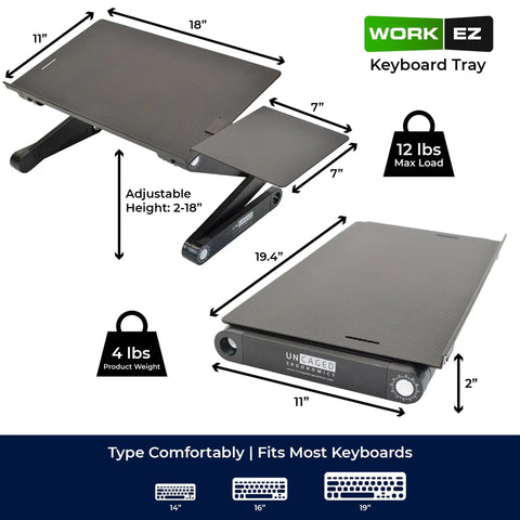 WorkEZ Adjustable Keyboard Stand For Desk Ergonomic Keyboard And Mouse Riser with dimensions and weight capacity shown