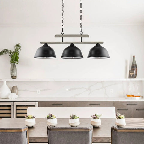 Dope 35 Inch 3 Light Modern Farmhouse Island Pendant Light With Large Dome Shades Adjustable Hanging Height Gray Oak Finish