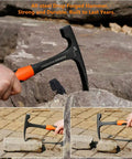 Beefy 30 Oz Forged Steel Masonry Hammer With Shock Reduction Handle used for rock and masonry work outdoors.