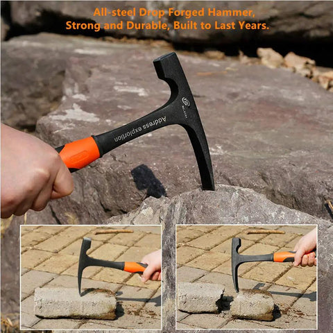Beefy 30 Oz Forged Steel Masonry Hammer With Shock Reduction Handle used for rock and masonry work outdoors.