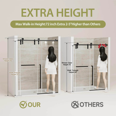 Comparison of barn-style sliding shower door with exposed rollers showing extra walk-in height