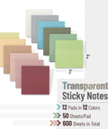 Transparent Sticky Notes Set With 12 Pads And 600 Sheets See Through 3 By 3 Inch Self Adhesive Notes variety of colors.