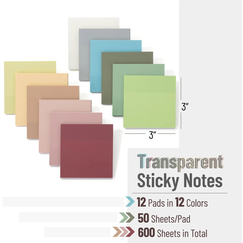 Transparent Sticky Notes Set With 12 Pads And 600 Sheets See Through 3 By 3 Inch Self Adhesive Notes variety of colors.
