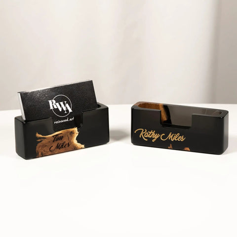 Black Wood And Epoxy Card Holder And Desk Organizer For Office Decor Sleek Slim Card Holder And Card Display Stand Premium Wood And Epoxy Finish Modern Office Accessories For Men And Women with personalized names, side by side.