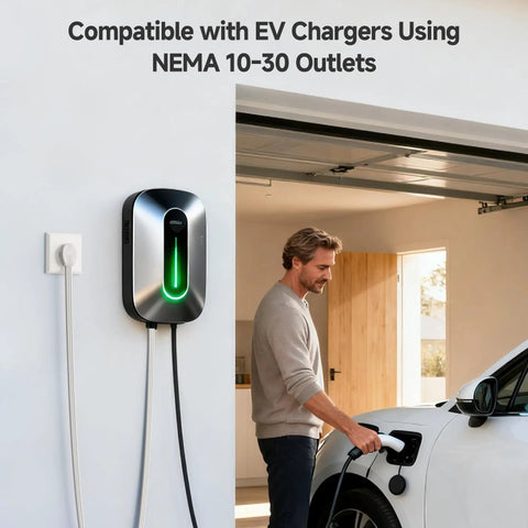 Man charging electric car using NEMA 10-30 outlet, compatible with 10 Ft 3 Prong Dryer Cord 30A 7500W NEMA 10-30P