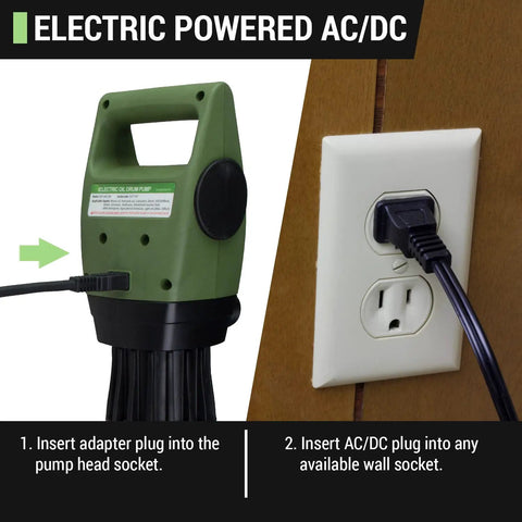 Electric powered AC/DC connection for Heavy Duty Telescopic Electric Drum Pump With Extended Suction Handle For 55 To 275 Gallon Barrels.