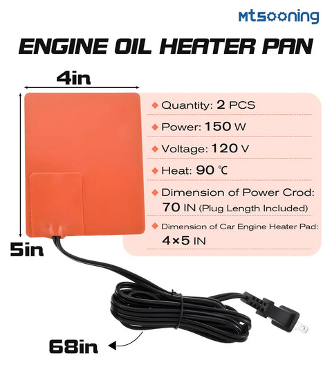 2Pcs Silicone Engine Block Heater Pad, 4X5 Inch, 150W 120V with 70 inch power cord for vehicle oil heating.