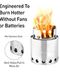 Ultra Lightweight Packable Camping Stove For Hiking And Survival with vent holes for air, burning wood cleanly and efficiently.