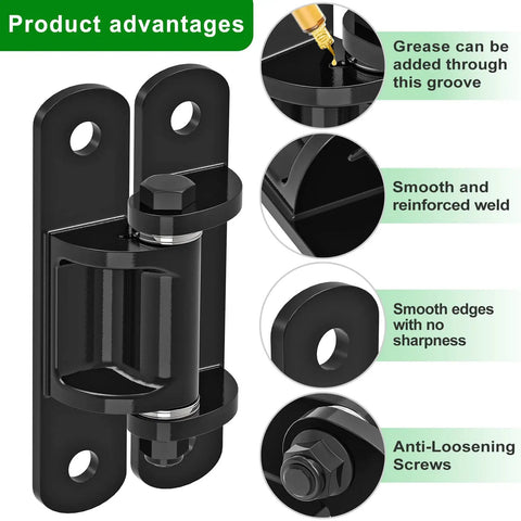Rock Solid 6.7 Inch Heavy Duty Gate Hinges Built Tough For Daily Grind With Sealed Ball Bearings And Rust Proof Coating close-up showing grease groove and smooth edges.