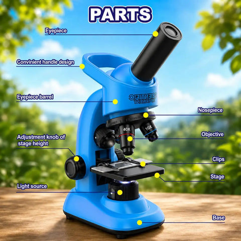 Awesome Kids Microscope Kit 40x To 1600x Magnification With LED Light STEM Toy For Beginners Ages 6 To 12 Includes Prepared Slides And Tool Set For Curious Young Scientists blue microscope parts view