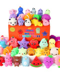 30 Pack Totally Rad Squishy Toys Mini Kawaii Mochi Squeeze Buddies in assorted colors and shapes for sensory play.
