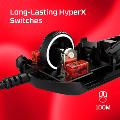 Close-up of Pulsefire Haste 2 Wired Gaming Mouse internals showing long-lasting HyperX switches and cable