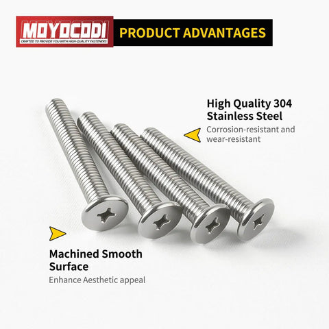 50 Pack M4 X 10mm Flat Round Head Screws 304 Stainless Steel Phillips Drive Machine Fasteners showcasing smooth surface and durability.